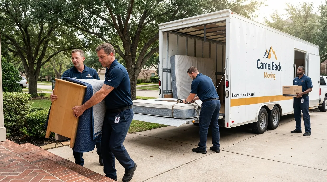 Crew loading residential truck for cross-state move from Jasonville, IN