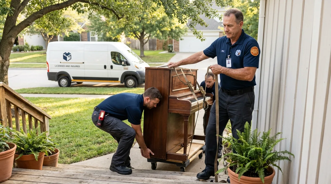 Licensed piano movers securing grand piano in Jasonville, IN