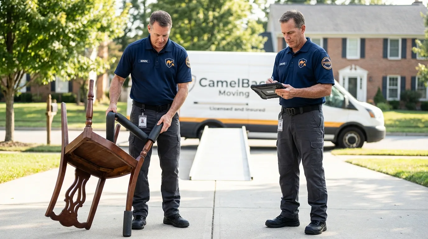 Movers inspecting furniture for damage prevention before loading in Jasonville, IN
