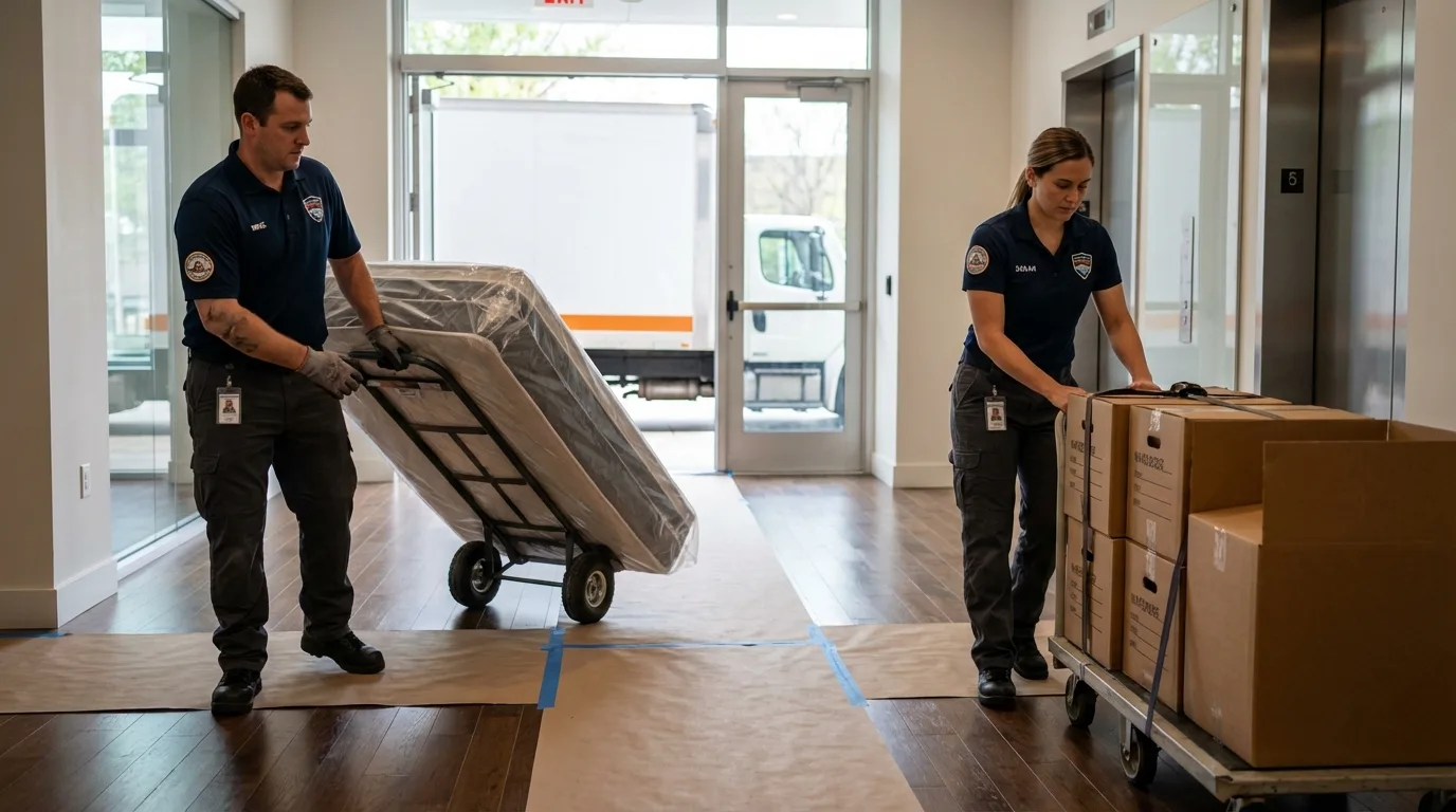 Professional apartment movers loading elevator in Jasonville, IN