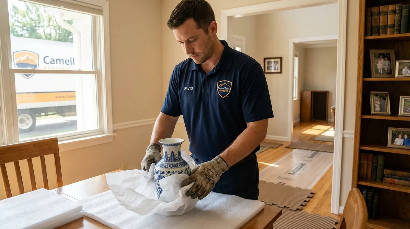 Professional crew carefully wrapping antique vase for senior downsizing move in Jasonville, IN