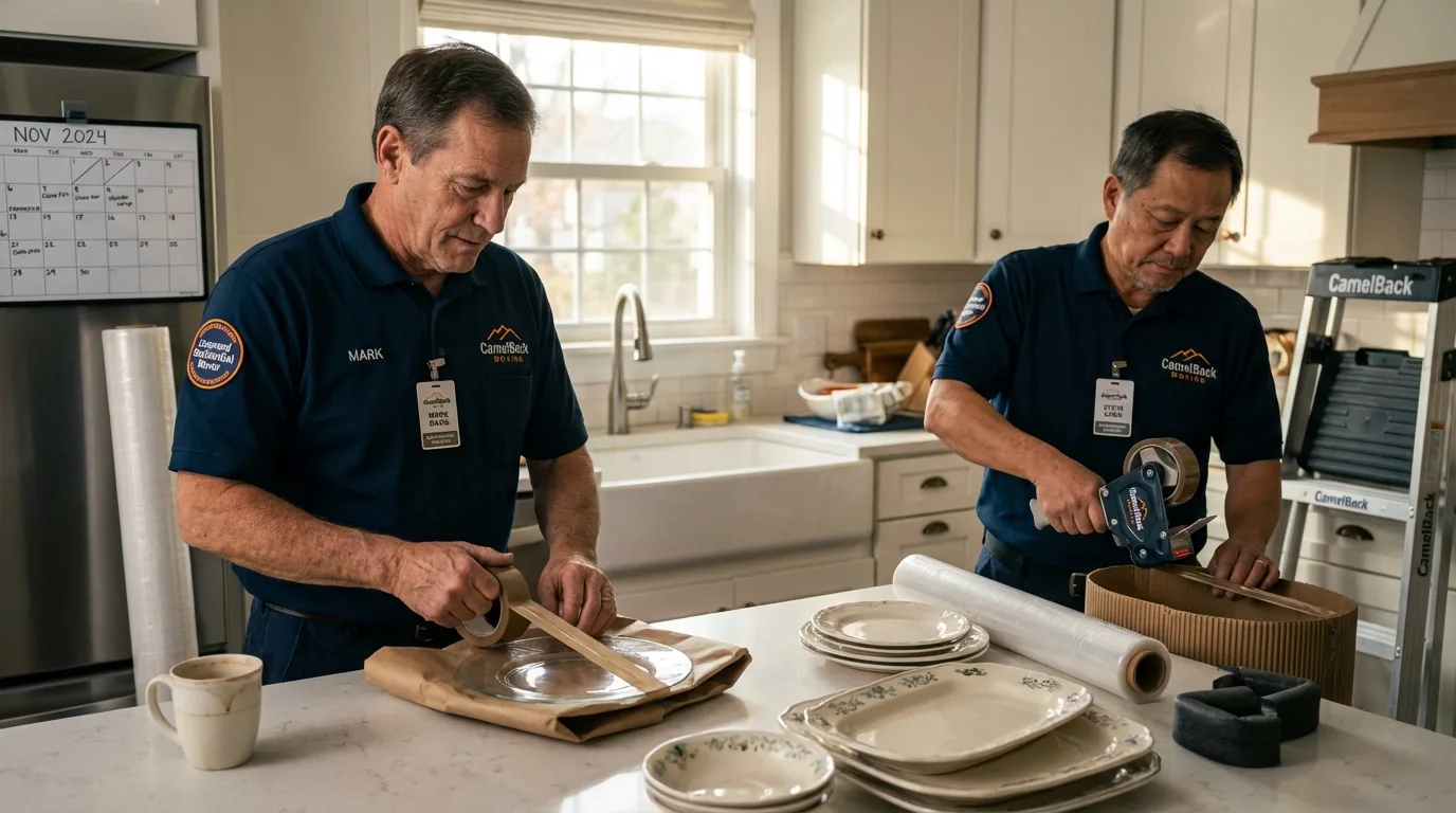 Professional crew packing kitchen dishware in Jasonville, IN
